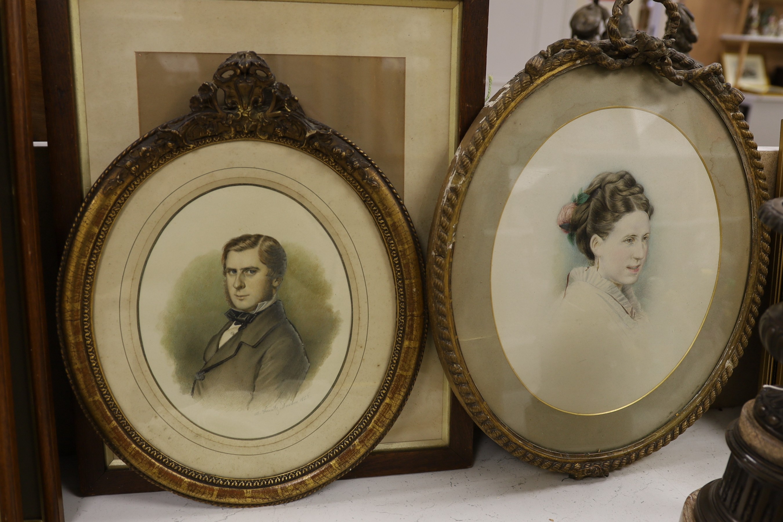 M. Frantz (19th C.), two watercolours, Portraits of a lady and gentleman, one signed and dated 1856, and another similar portrait, largest 31 x 27cm